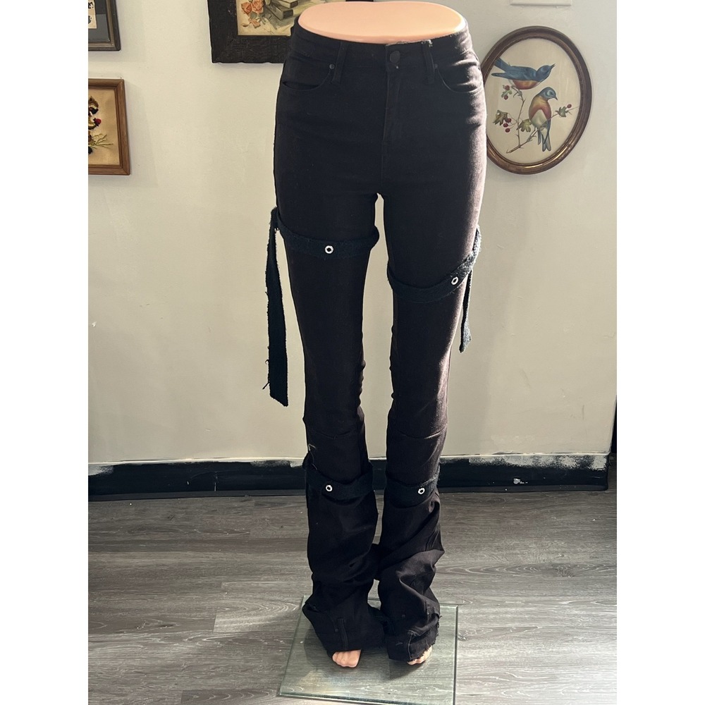 Kam Vercetti Black Edgy Strap Accent High Rise Flare Leg Jeans Size S